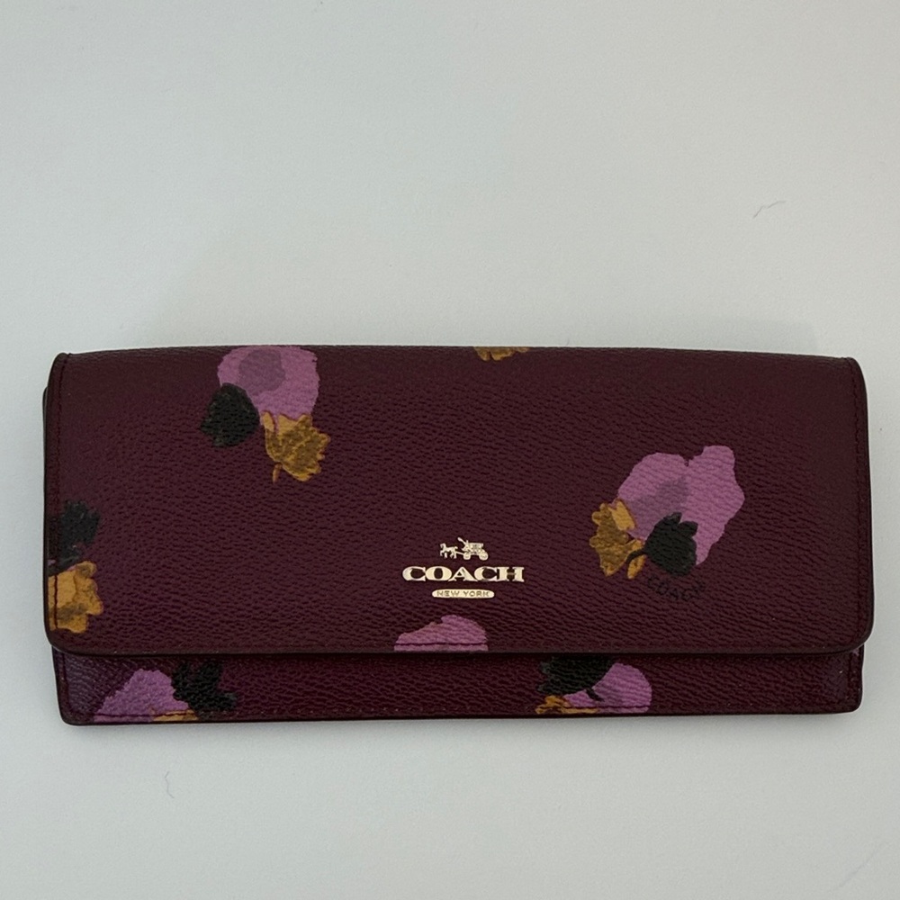 Coach Floral Continental Wallet in Burgundy with Pink and Gold Accents